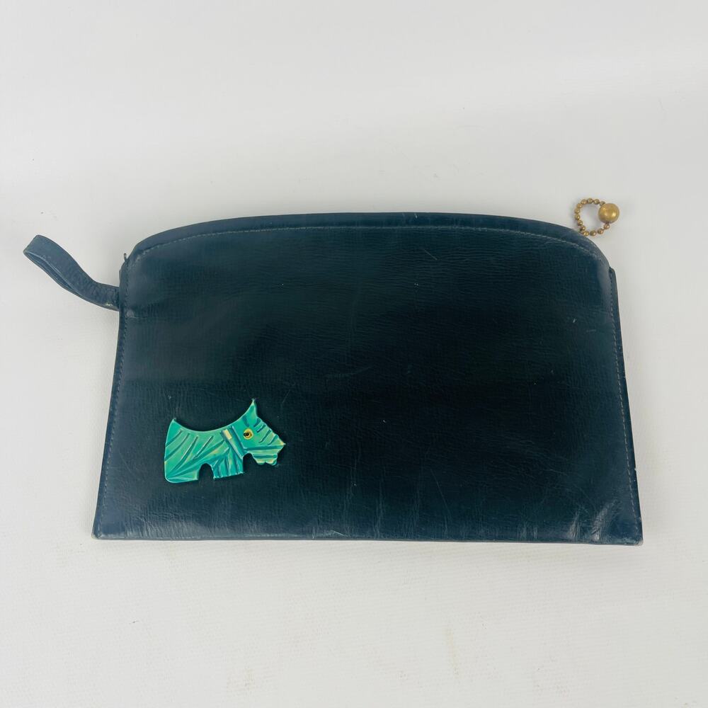 Vintage Black Leather Green Scottie Wristlet Talon Zipper Pull